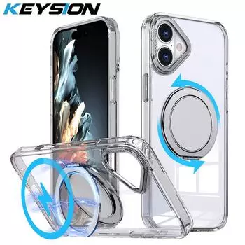 KEYSION противоударный матовый чехол для MagSafe для iPhone 16 16 Plus с вращающимся на 360 ° магнитным кольцом-подставкой прозрачная задняя крышка для телефона for iPhone 16 Plus серый