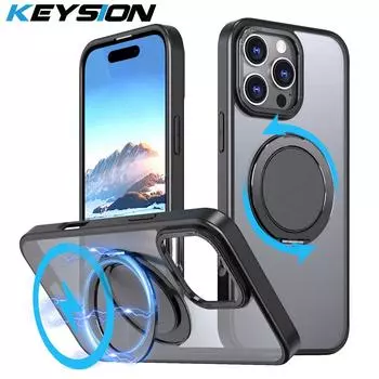 KEYSION Противоударный матовый чехол для MagSafe для iPhone 16 Pro Max, вращающаяся на 360° магнитная подставка-кольцо, прозрачная задняя крышка телефона for iPhone 16 Pro серый