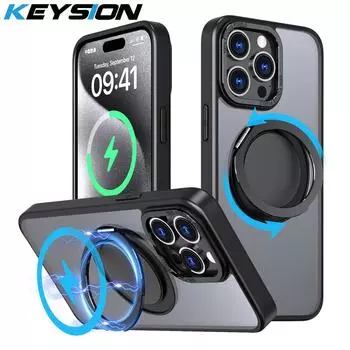 KEYSION противоударный матовый чехол MagSafe для iPhone 15 Pro Max 14 13 Pro 360 ° вращающееся магнитное кольцо прозрачный чехол для телефона for iPhone 15 серый