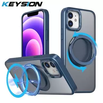 KEYSION противоударный матовый чехол MagSafe для iPhone 11 12 Pro Max вращающийся на 360 ° магнитный держатель с кольцом прозрачный чехол для телефона for iPhone 12 серый