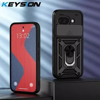 KEYSION Противоударный защитный чехол для Google Pixel 9A Silicone+PC Slide Camera Lens Protective Ring Stand Phone Cover для Pixel 9A for Pixel 9A чёрный