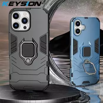 KEYSION Противоударный защитный чехол для iPhone 16 Pro Max Мягкий силиконовый + PC Ring Stand Holder Задняя крышка телефона для iPhone 16 16 Plus for iPhone 16 красный