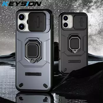 Противоударный защитный чехол KEYSION для iPhone 16 Pro Max Slide Push Pull Camera Protection Ring Stand Phone Cover для iPhone 16 Plus for iPhone 16 серый
