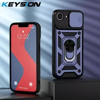 KEYSION Противоударный защитный чехол для iPhone 16e Slide Camera Lens Protection Metal Ring Stand Phone Back Cover для iPhone 16e 2025 for iPhone 16e синий