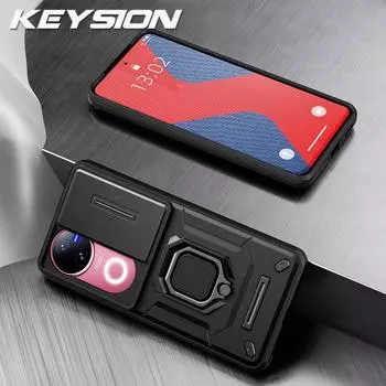 KEYSION Противоударный защитный чехол для телефона VIVO V50 5G, защитное кольцо для объектива камеры, подставка, задняя крышка для телефона VIVO V50 5G for VIVO V50 чёрный