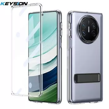 KEYSION Прозрачный чехол для Huawei Mate X6 X5 X3 Жесткий ПК Металлическая подставка Противоударная крышка для телефона со стеклянной защитной пленкой для экрана for Huawei Mate X6 чёрный