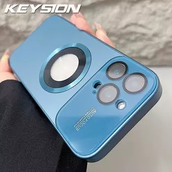 KEYSION Роскошная стеклянная линза камеры для магнитного беспроводного зарядного чехла Magesafe для iPhone 16 15 Pro Max 16 Plus, противоударная крышка for iPhone 16 темно-синий