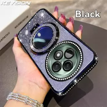 KEYSION Роскошный блестящий чехол с драгоценными камнями, магнитный чехол для телефона для OPPO Reno12 F 5G, подставка-зеркало для макияжа, противоударный чехол для OPPO Reno 12F for OPPO Reno12 F 4G чёрный