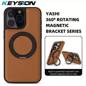 KEYSION Роскошный чехол из искусственной кожи MagSafe для iPhone 16 Pro Max 15 Pro с вращающимся на 360 ° магнитным кольцом-подставкой, противоударный чехол для телефона for iPhone 16 Pro коричневый