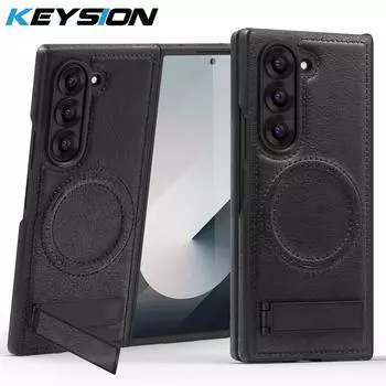 KEYSION Роскошный чехол из искусственной кожи с магнитным креплением для MagSafe для Samsung Galaxy Z Fold 6 5 4 3 5G с подставкой и беспроводной зарядкой for Galaxy Z Fold 6 чёрный