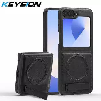 KEYSION Роскошный чехол из искусственной кожи с магнитным креплением для MagSafe для Samsung Galaxy Z Flip 6 5 4 3 5G с подставкой и беспроводной зарядкой for Galaxy Z Flip 6 чёрный