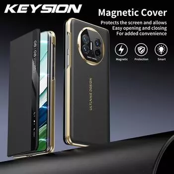 KEYSION Роскошный чехол из искусственной кожи с покрытием для Huawei Mate X5, защита камеры, магнитная беспроводная зарядка, складной чехол для телефона for Huawei Mate X5 чёрный