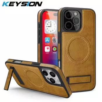 KEYSION Роскошный чехол из искусственной кожи с магнитом MagSafe для iPhone 16 Pro Max, противоударный чехол с подставкой для iPhone 15 Pro Max for iPhone 15 Pro коричневый