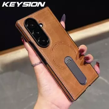 KEYSION Роскошный ретро чехол из ПУ кожи для Samsung Galaxy Z Fold 7 6 5 4 3 5G, вращающаяся на 360° подставка, противоударная задняя крышка для телефона for Galaxy Z Fold 7