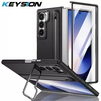 KEYSION с чехлом для стилуса для Samsung Galaxy Z Fold 6 5 5G Жесткий ПК Подставка Чехол для телефона с защитным стеклом для экрана for Galaxy Z Fold 6 чёрный