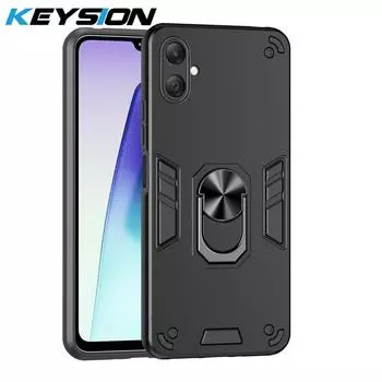 KEYSION Shockproof Armor Case for Samsung A07 4G A05 A04 Soft Silicone+PC Metal Ring Stand Phone Back Cover for Galaxy A06 5G for Samsung A07 чёрный