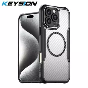 KEYSION Противоударный чехол MagSafe для iPhone 16 Pro Max 16 Plus 15 14 Pro Защита камеры Чехол для телефона с текстурой из углеродного волокна for iPhone 16 фиолетовый