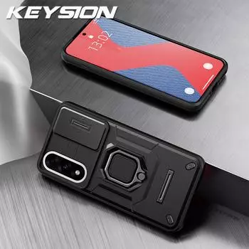 KEYSION Shockproof Case for OnePlus Nord 5 5G Slide Camera Lens Protection Metal Ring Stand Phone Cover for One Plus 1+ Nord 5 for OnePlus Nord 5 чёрный