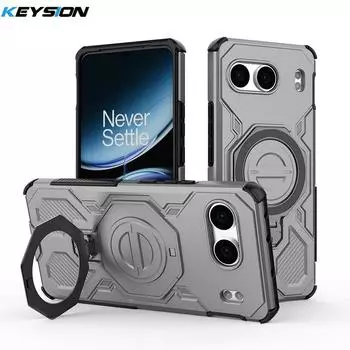 KEYSION Shockproof Magnetic Case for OnePlus Nord 4 5G Upright Live Metal Ring Stand Phone Back Cover for One Plus 1+ Nord 4 5G for Nord 4 серый