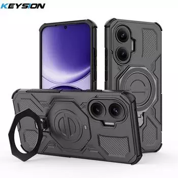 KEYSION Shockproof Magnetic Case for Xiaomi POCO F7 X7 Pro Upright Live Metal Ring Stand Phone Back Cover for Redmi Turbo 4 Pro for POCO F7 чёрный