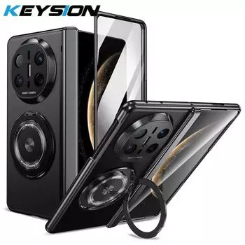 KEYSION Вращающийся на 360° магнитный чехол-подставка с кольцом для MagSafe для Huawei Mate X6 Hinge Phone Fold Cover со стеклянной защитой экрана for Huawei Mate X6 чёрный