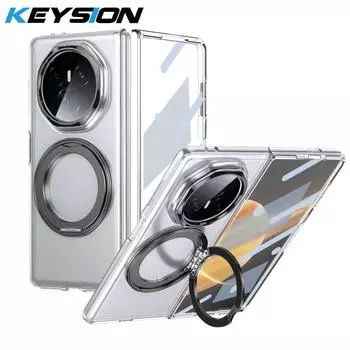 KEYSION Вращающийся на 360° магнитный чехол-подставка с кольцом для HONOR Magic V3, прозрачный жесткий чехол для ПК-телефона со стеклянным защитным экраном for Honor Magic V3 чёрный