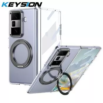 KEYSION Вращающийся на 360° Магнитный Чехол-Подставка для HONOR Magic Vs3 Прозрачный Жесткий ПК Чехол для Телефона со Стеклянной Защитной Пленкой для Экрана for Honor Magic Vs3 чёрный