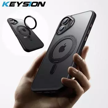 Чехол-подставка с магнитным кольцом KEYSION, вращающийся на 360 °, для MagSafe для iPhone 16 16 Plus, прозрачная матовая противоударная задняя крышка для телефона for iPhone 16 серый