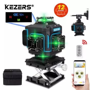 KEZERS 16 линий 4D дисплей зеленый лазерный уровень KL4D-03G Самовыравнивающийся 360 1 шт. 4000 мАч литий-ионный аккумулятор тканевый пульт дистанционного управления