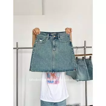 Khaki 01303 Denim Skirt Women s Kabodo Summer Skirt Thin Slimming High-Waist Blue Slit A- line Skirt Blue S