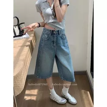 Khaki 71960 Demin shorts Women 2025 Summer Jinjing Same Style Middle Pants Kabodo High Waist A Word Five-Point Bloomers