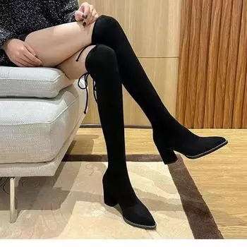 Khaki boots women s knee boots thick heel 2024 autumn and winter new velvet high boots women s high heel long elastic boots 35 чёрный