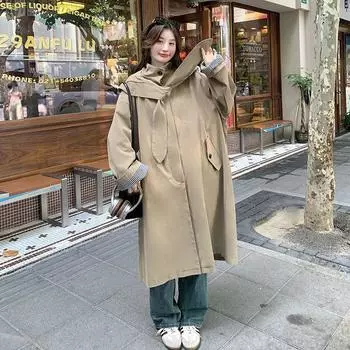 Повседневная ветровка цвета хаки с капюшоном для женщин, осеннее новое свободное пальто средней длины в корейском стиле S