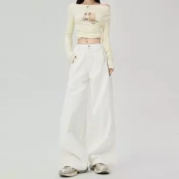 Khaki High Waist Wide Leg Denim Women s 2025 Spring New Arrival Loose Slimming and Straight Mop Machete Pants White [Long]] XS