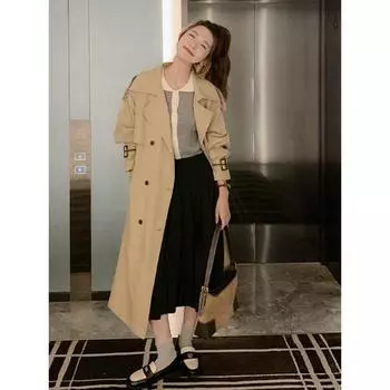 Khaki Style Trench Coat with Slits on Both Sides, Women s Mid-length Autumn New Coat S