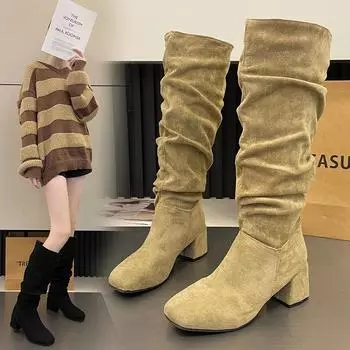 Khaki Suede Women s Boots 2024 Autumn Winter New Stylish Square Toe High Boots Women Comfortable Thick Heel Modern Boot Zapatos 35 хаки