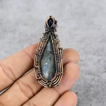 Кианит грубый и синий сапфир драгоценный камень чистая медная проволока обертывание ювелирные изделия ручной работы кулон 2.55 inches синий