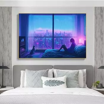 Кибер Неон Крутые Девушки Кот Плакат Холст Картина Настенное Искусство 21cm30cm NoFrame