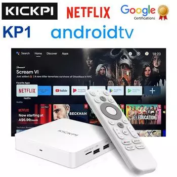 KICKPI KP1 Google & Netflix TV Box Android 12 Amlogic S905Y4 2 ГБ 32 ГБ Поддержка Dual Wifi BT5.0 Голосовой ввод Медиаплеер Android TV Box 2G32G белый
