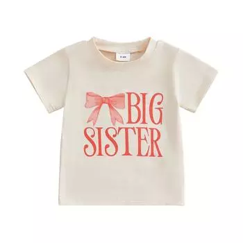 Kid Girl Summer Sweet T-Shirt Bow and Letter Print Short Sleeve Round Neck Casual Tops 18-24 Months хаки