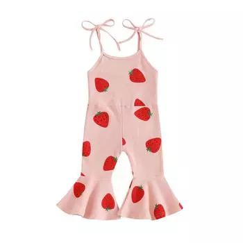 Kid Girls Jumpsuit, Spaghetti Straps Strawberry Print Romper Clothes for Party Casual