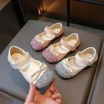 Kid Mary Jane Shoes Square Toe Elegant Crystal Children Princess Shoes Fashion Patchwork Glitter Shallow Flat Girl Leather Shoes 26 бежевый