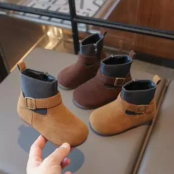 Kid s Boot Winter Solid Color Girls Patchwork Ankle Boots Fashion Versatile Non-slip Children Causal Cotton Boots Soft Bottom 22 коричневый