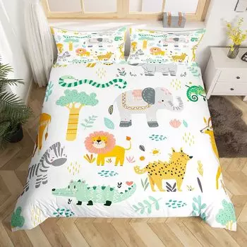 Kid Zoo Animal Duvet Cover Cute Wildlife Giraffe Bedding Set Cartoon Lion Hippo Turtle Yak Comforter Cover Polyester Quilt Cover EU single(135x200cm)