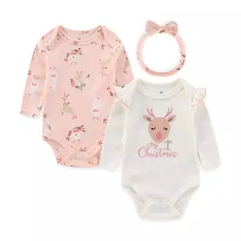 Kiddiezoom Детские рождественские наряды для мальчиков и девочек с мультяшным принтом Комплект одежды для новорожденных из 2 предметов Боди с длинными рукавами и шапочкой Одежда для младенцев 9-12Months