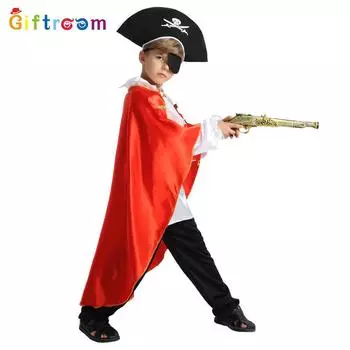 Kids Adorable Pirate Costume With Elegant Red Cloak Designed For Theatrical Performances XL