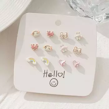 Kids Anti-Pain Non-Piercing Ear Clip 2025 New Arrival Spring and Autumn Simplicity Easiest for Match Student Ear Stud Compact Delicate Earrings Rainbow Cat 6 Pair -925 Silver Needle Earrings