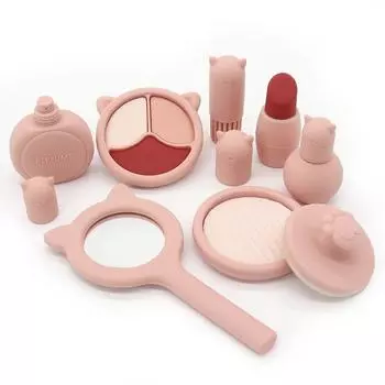 Kids Artificial Silicone Makeup Toy Lipstick Perfume Eye Shadow Powder Play House Kindergarten Girl Role Play Silicone pink makeup 8-piece set