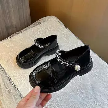Kids Black Leather Shoes Glossy Girls Princess Performance Shoes with Chain Decoration 2024 New Children Dance Shoes Round Head 26 чёрный