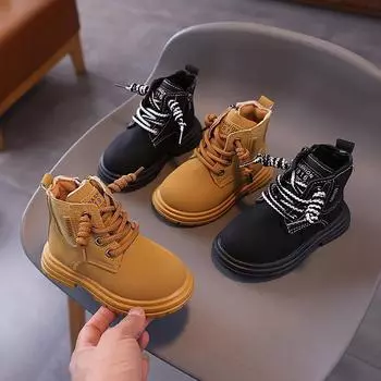 Kids Boots for Boys Simple Thick Bottom Girls Causal Ankle Boots Fashion Round-toe Versatile Children s Leather Boots Non-slip 21 чёрный